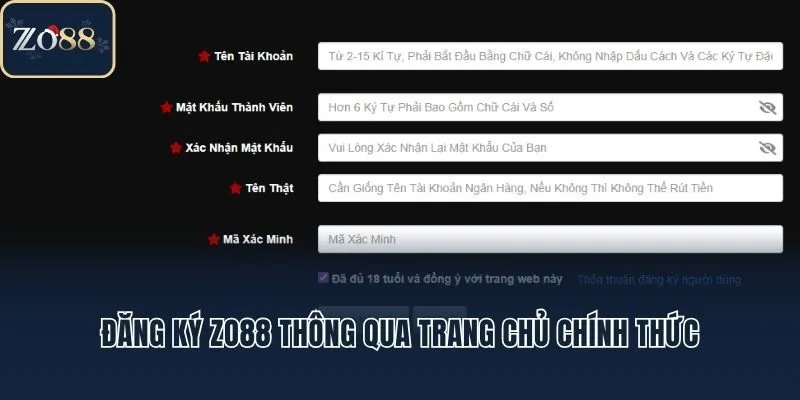 Đăng ký Zo88 thông qua trang chủ chính thức